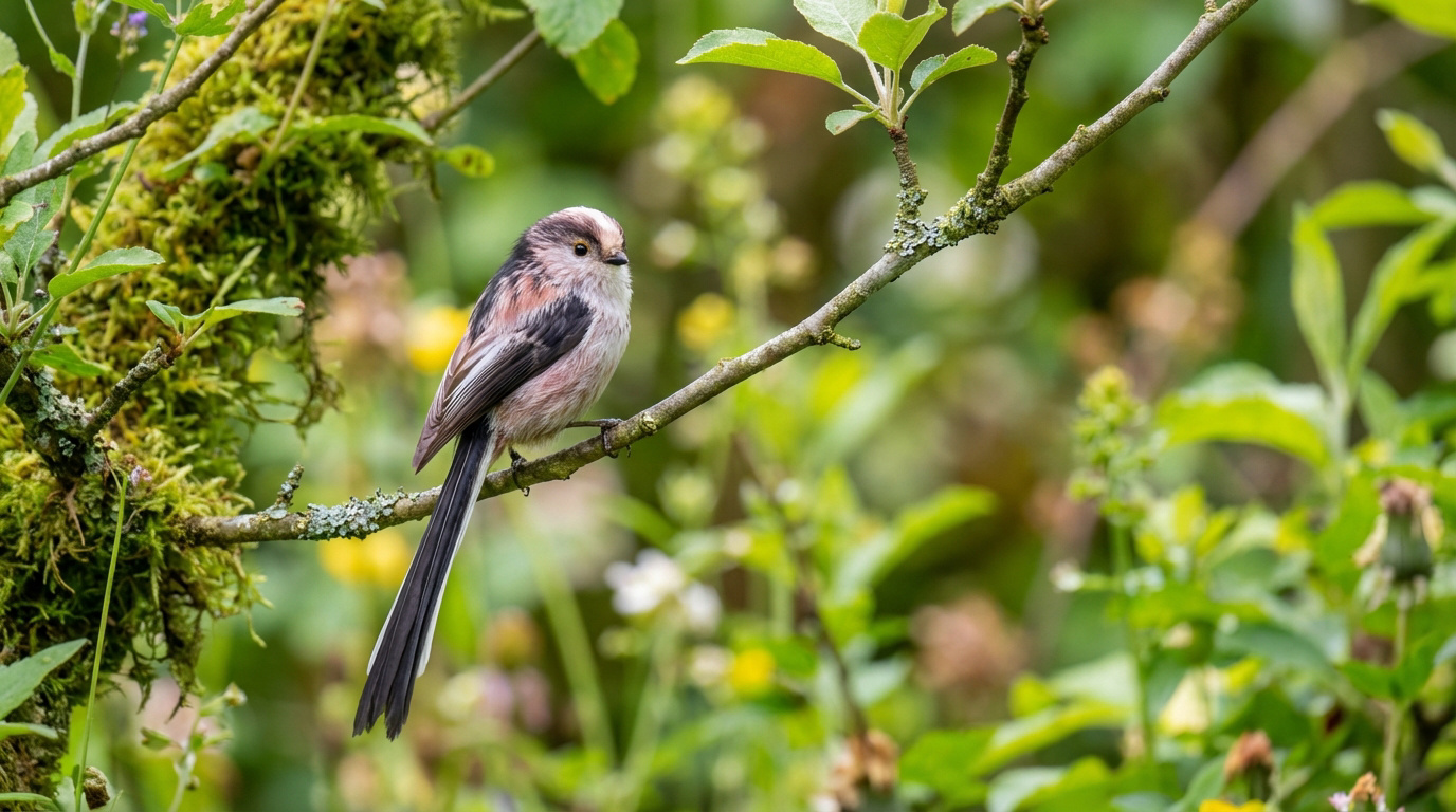 Un Orite (Mésange à longue queue) est perché sur une branche moussue, regardant vers la gauche avec son corps délicat et sa longue queue.