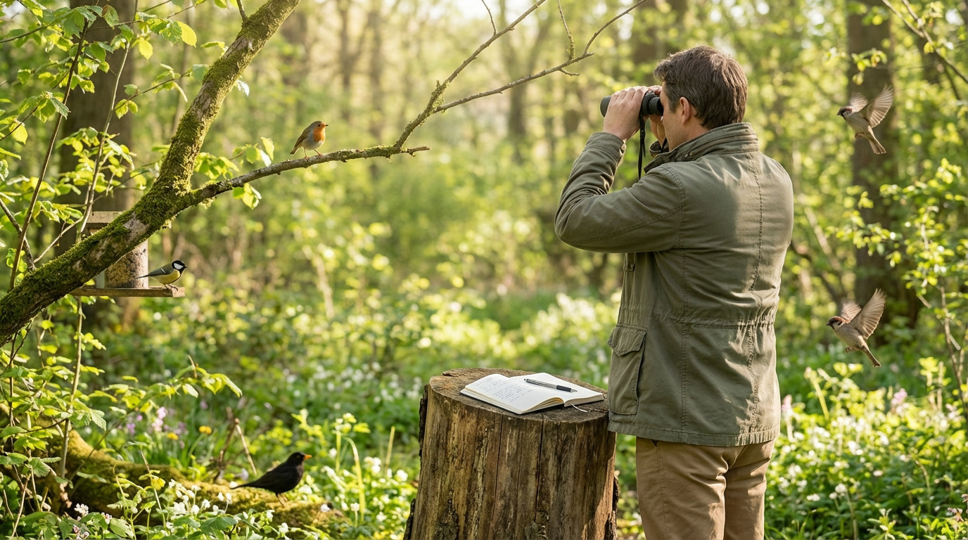 Un homme en forêt observe des oiseaux avec des jumelles, carnet à côté. Rouge-gorge, mésange, merle, moineaux en vol.