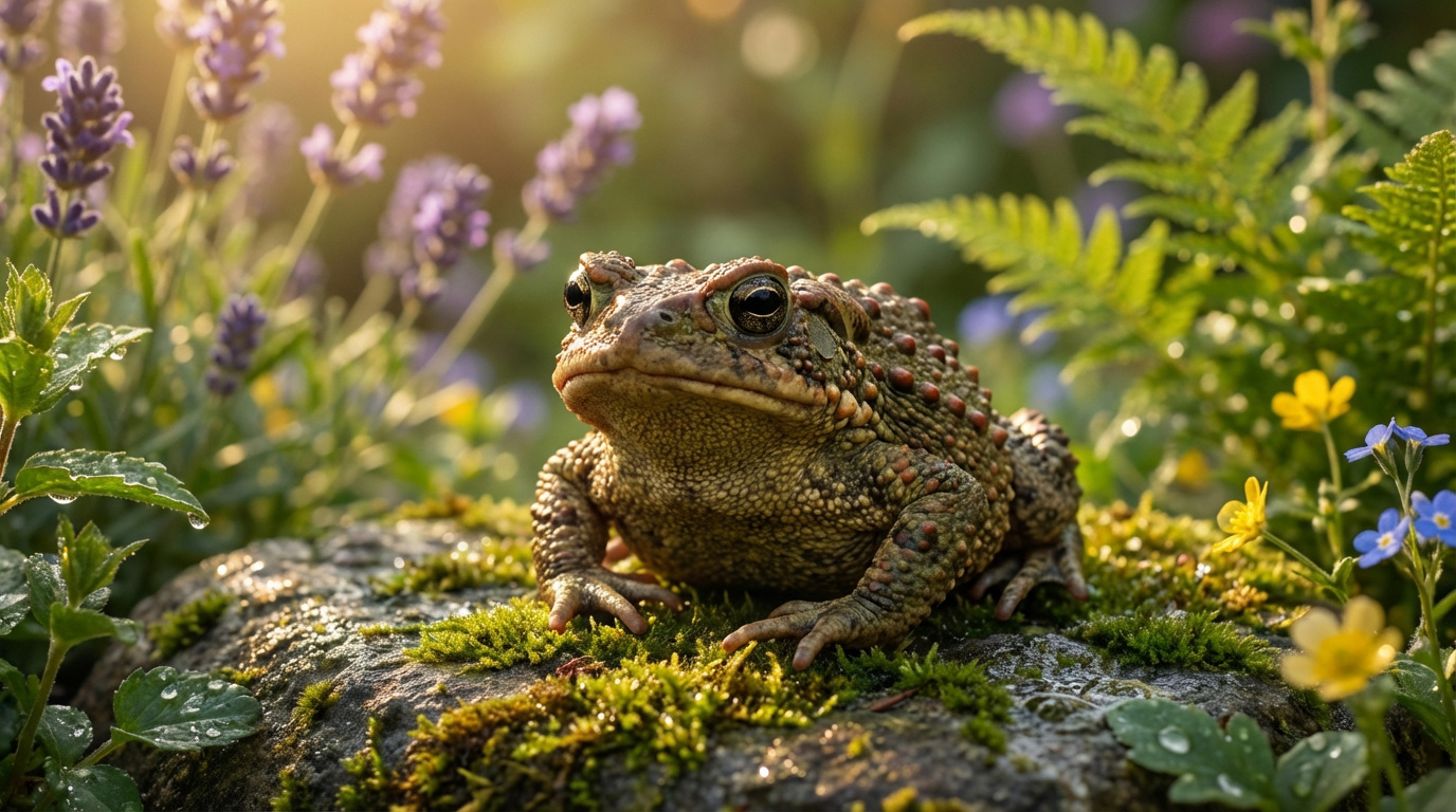 Crapaud épineux sur roche moussue, lavande et petites fleurs. Gouttes d'eau et lumière dorée du matin.