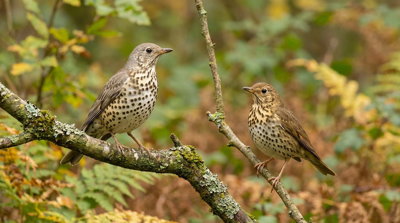 Deux grives perchées sur des branches. À gauche, une Grive draine. À droite, une Grive musicienne, au plumage plus brun.