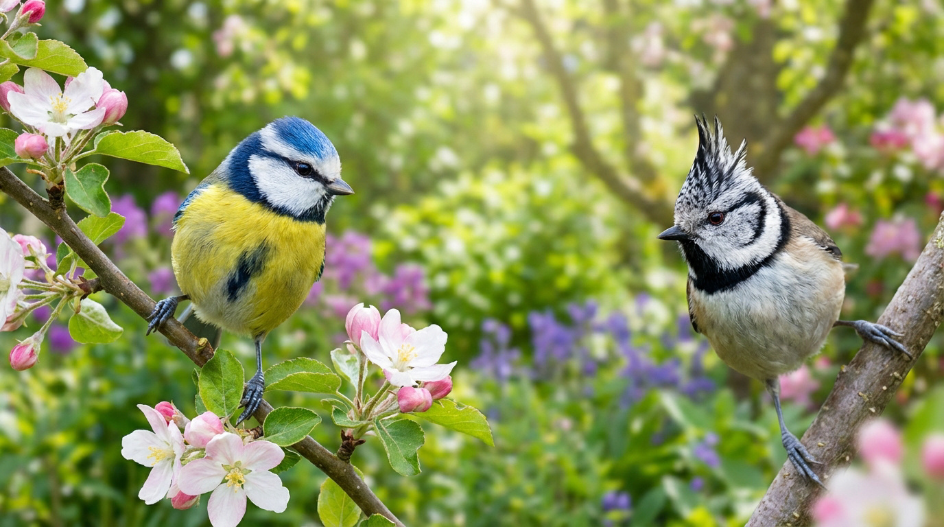 Une mésange bleue sur branche fleurie et une mésange huppée face à face, dans un jardin printanier ensoleillé.