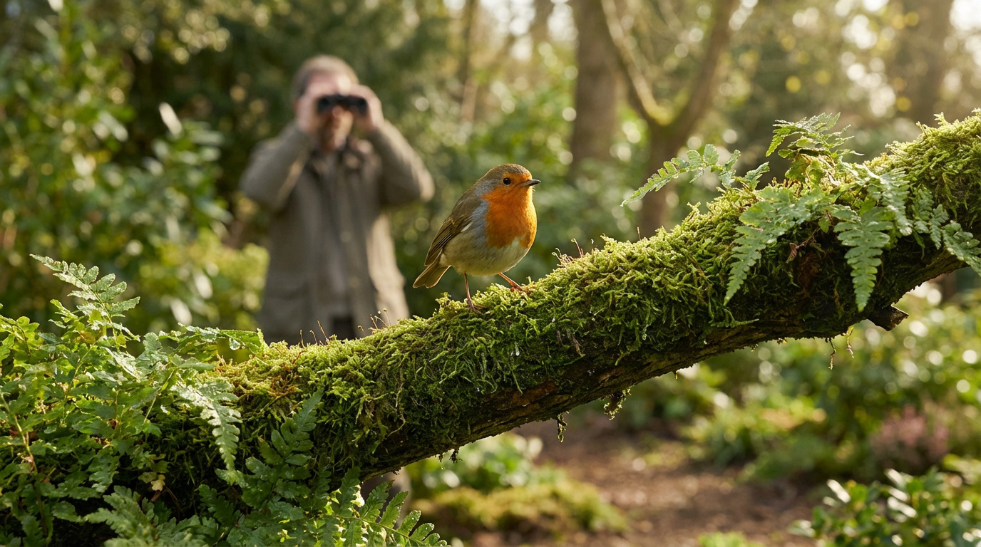 Un rouge-gorge à poitrine orange se tient sur une branche moussue, observé par une personne aux jumelles en arrière-plan.