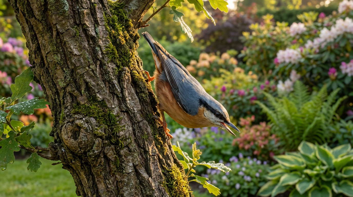 Une sittelle torchepot agrippée à un tronc d'arbre moussu, tête en bas, dans un jardin fleuri et ensoleillé.