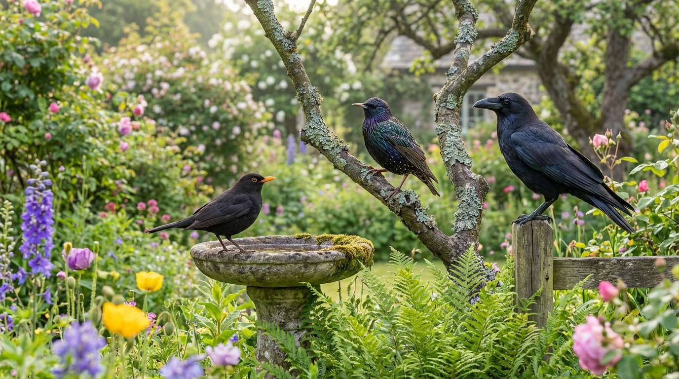 Trois oiseaux noirs dans un jardin fleuri : un merle sur un bain d'oiseaux, un étourneau sur une branche, une corneille sur un poteau.