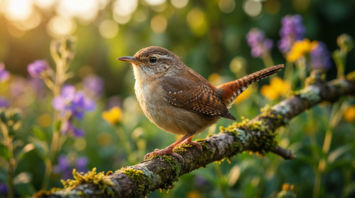 Un petit troglodyte marron se tient sur une branche moussue, éclairé par la lumière du soleil, avec des fleurs floues en arrière-plan.
