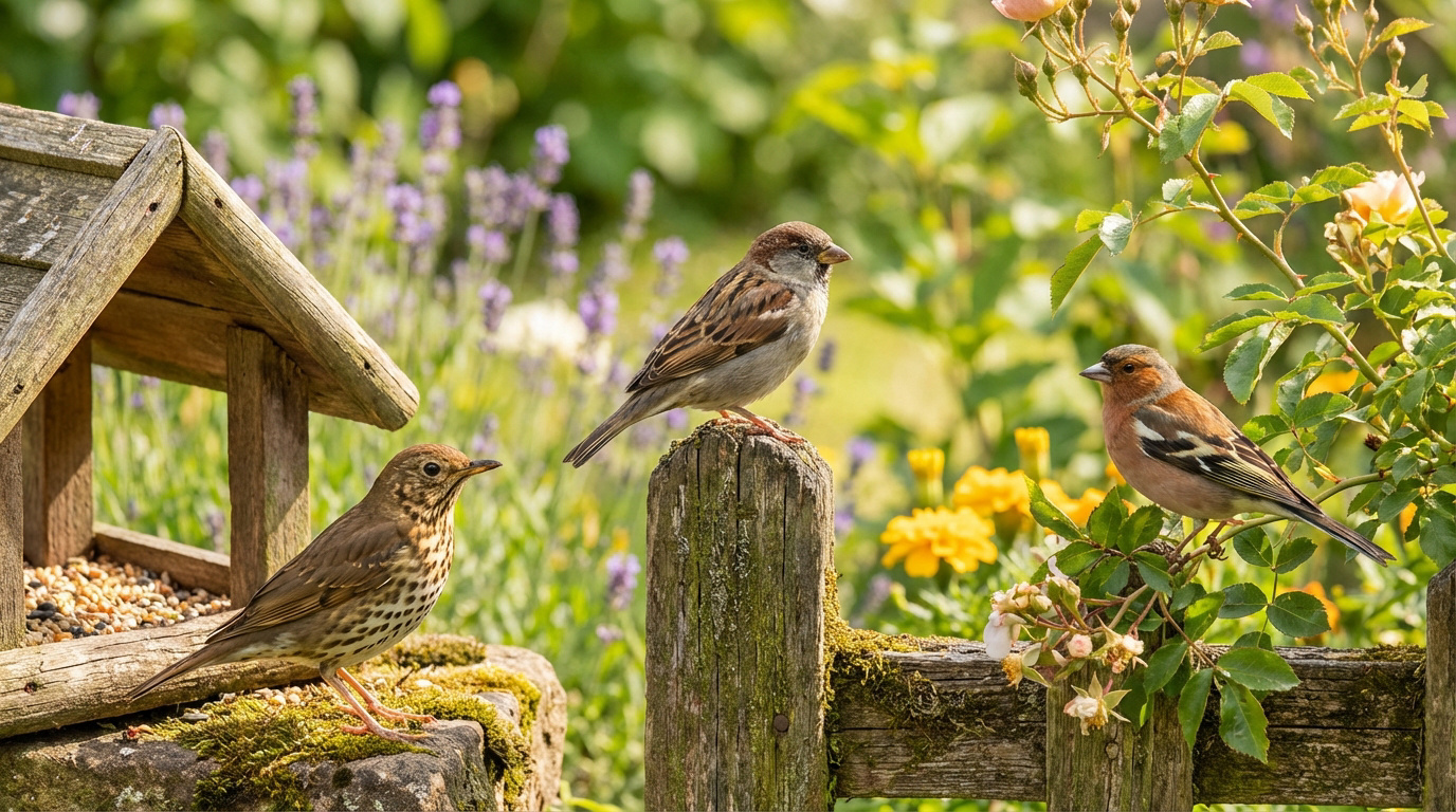 Trois oiseaux bruns – une grive, un moineau, un pinson – dans un jardin fleuri avec une mangeoire et une clôture en bois.
